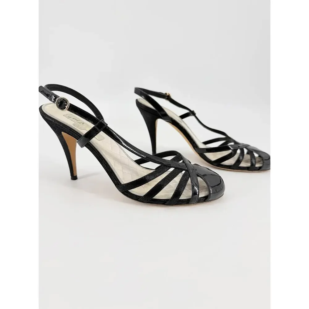 Chanel Black Patent Leather Quilted Insole Slingback Heels Pumps Size 39.5